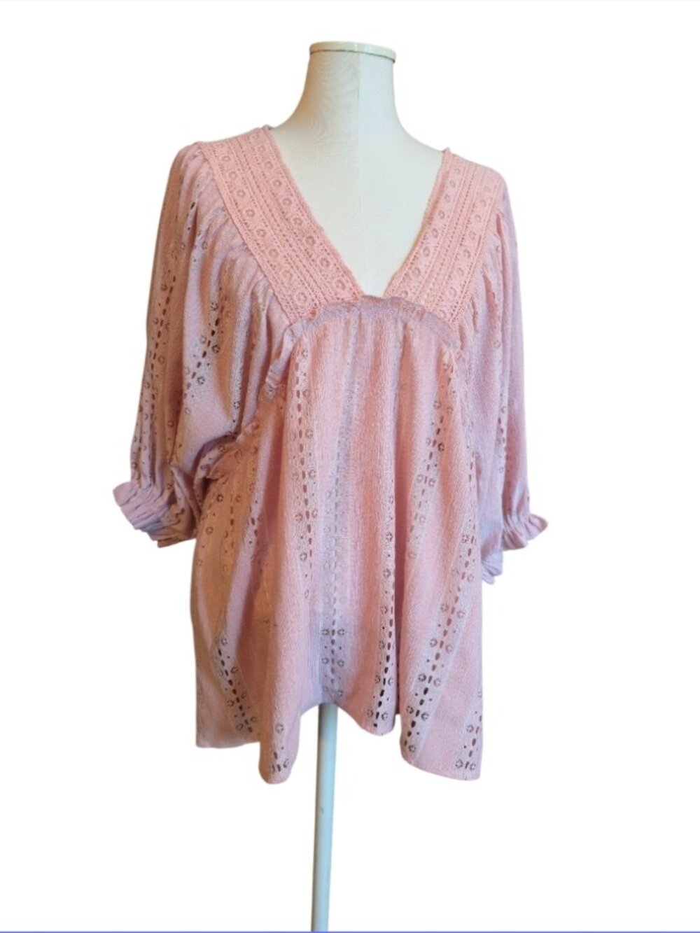 Women's pink lace babydoll peasant boho blouse size large